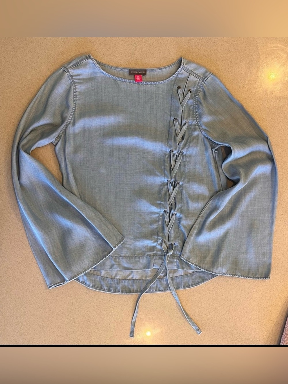 Vince Camuto Denim Lightweight Top with Lace tie up & flared sleeves xxs
